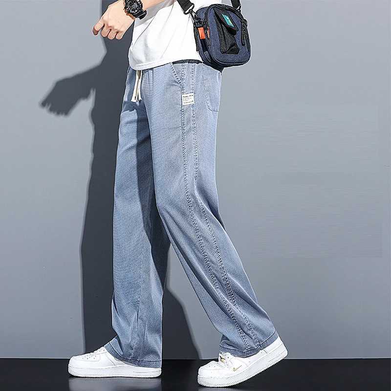 2024 SpringSummer New Soft Lyocell Fabric Mens Jeans Thin Loose Straight Leg Pants Drawstring Elastic Waist Korean Casual Pants W250826