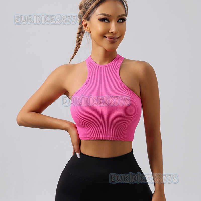 Womens Halter Neck Nylon Sports Bra Yoga Sweatwicking Seamless Underwear Running Quickdry Tank Top Short Style H250825