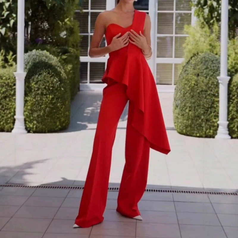 Fashion Sloping Collar Top and Long Pants Women Two Piece Summer Asymmetrical Slim Fit Office Suit Sexy Hollow Out Ruffle Outfit 250825