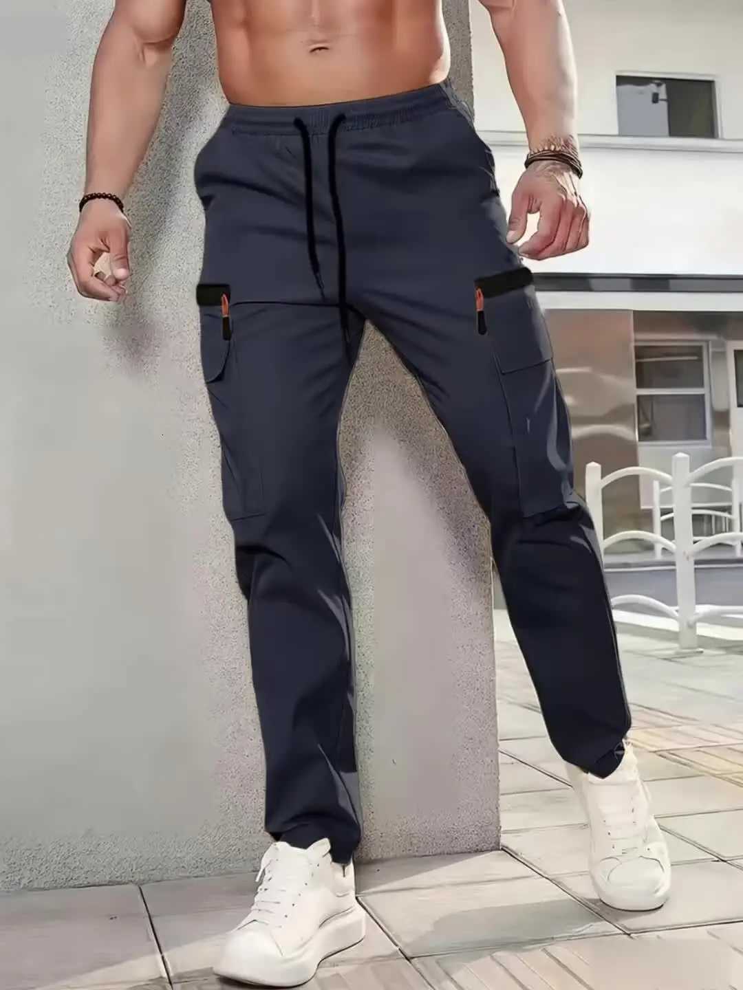 Mens Outdoor Work Pants Durable Polyester Multiple Pockets Elastic Waistband with Loops Lightweight and Breathable W250826