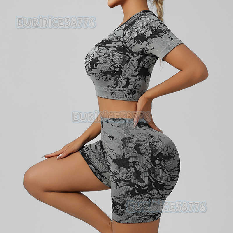 Jacquard Short Sleeve Yoga Top for Women High Waist Tummy Control Quickdry Peach Hip Yoga Shorts Set Tiedye H250825