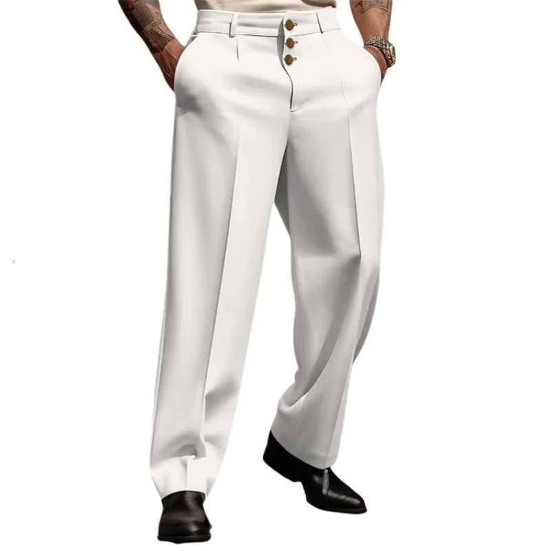 Mens Stand Pocket Elegant Wide Leg Pants Solid White Formal Party Trousers Plus Size 3XL Mens Fashion Triple Buttons Suit Pants W250826
