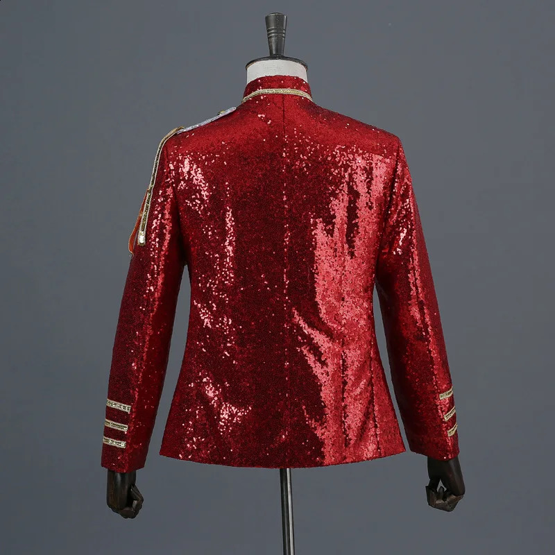 Court Dress Performance Clothes Silver White Fashion Shiny Beaded Blazers for MenHost Nightclub DJ Sequin Military Jacket 251023