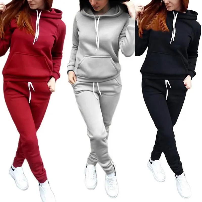 Solid Women Tracksuit Casual Hoodies Sweatshirt Pant Set Lounge Wear Sport Suit 2PCS Autumn Winter Clothes250825