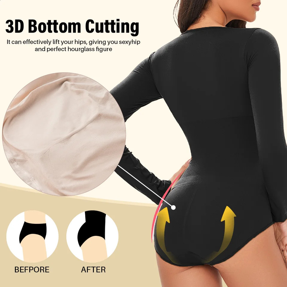 POKARLA Spandex Elastic Body Suit Shapewear Women Shaper Tummy Control Long Sleeve Open Crotch Round Neck Seamless Shapers 250826