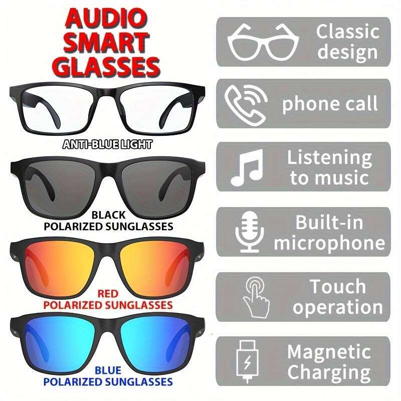 Fashion Business Smart Glasses, Built-in Microphone, Support Calls, Music, Anti-blue Light, Polarized, iPhone/Android Compatible Voice Assistant, Offi