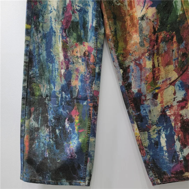 DEAT Womens Jeans High Waist Retro Colorful Straight Printed Splashed Ink Graffiti Denim Pants Fashion Summer 29L9916 250825