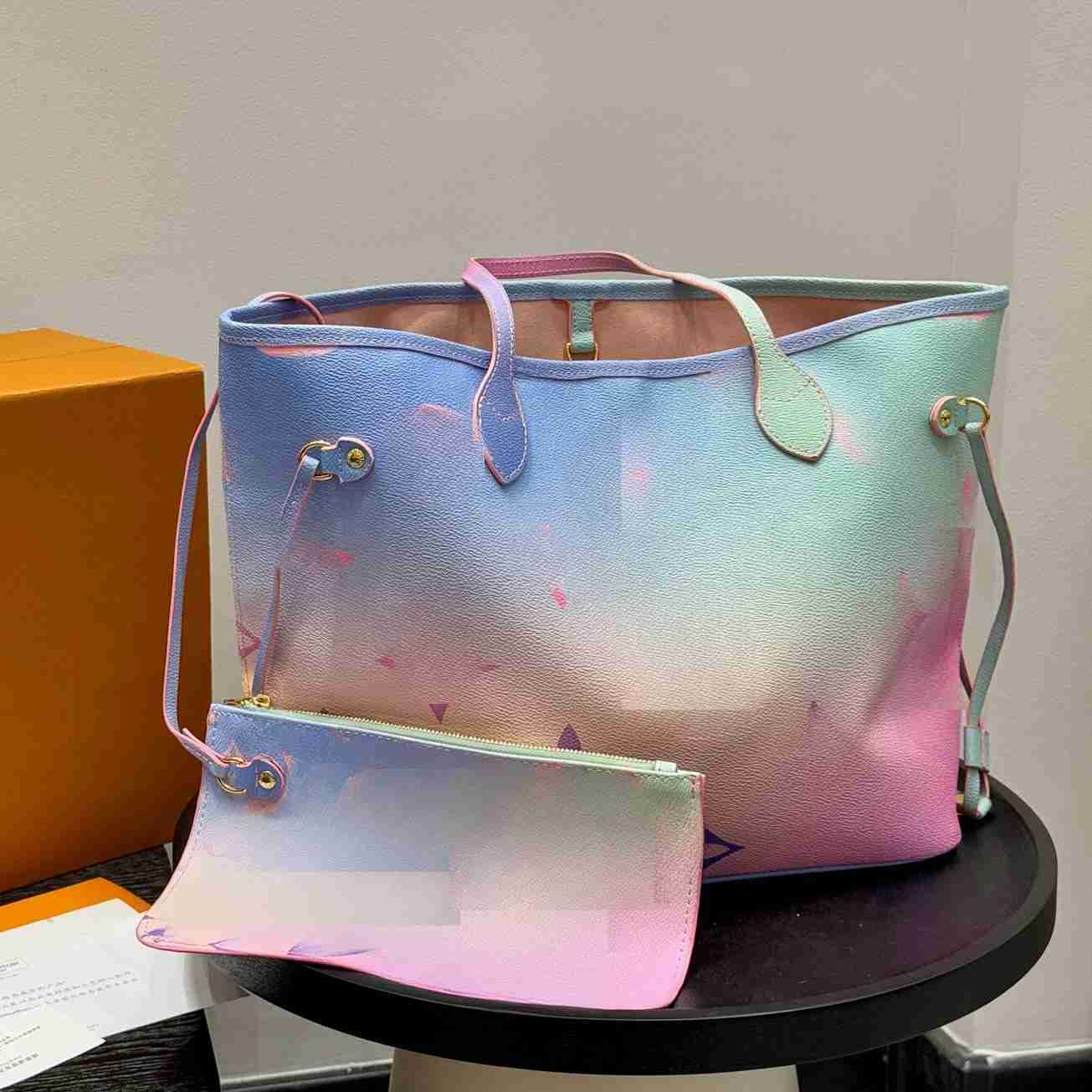 Shopping Bags Womens Designer Bag Never MM Tote SPRING IN THE CITY rainbow Colorful Gradient Shoulder Bags Midnight Sunrise Pastel Sunset Khaki 2025