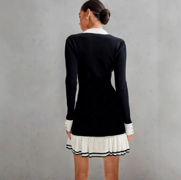 Fashion V-Neck long sleeve Knitted Double-layer ruffle knitted skirt pearl button lapel