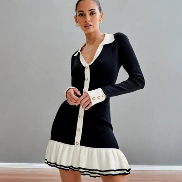 Fashion V-Neck long sleeve Knitted Double-layer ruffle knitted skirt pearl button lapel