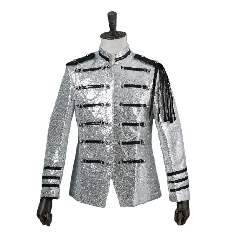 Court Dress Performance Clothes Silver White Fashion Shiny Beaded Blazers for MenHost Nightclub DJ Sequin Military Jacket 251023