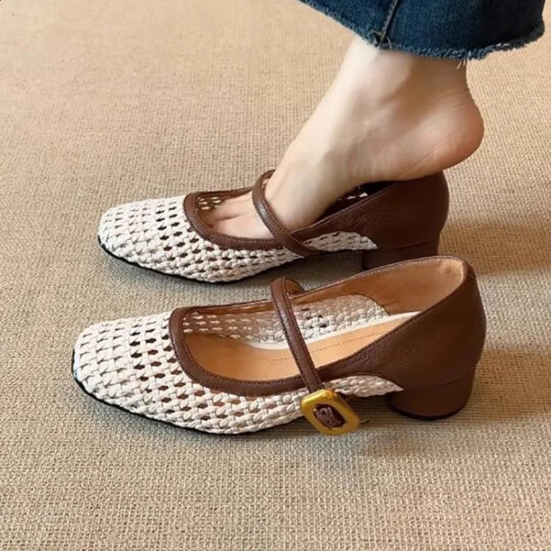 Vintage Leather Square Toe Woven Hollow-out Mary Jane Shoes Womens Shallow-cut Square Toe Thick Heeled Sandals 250821