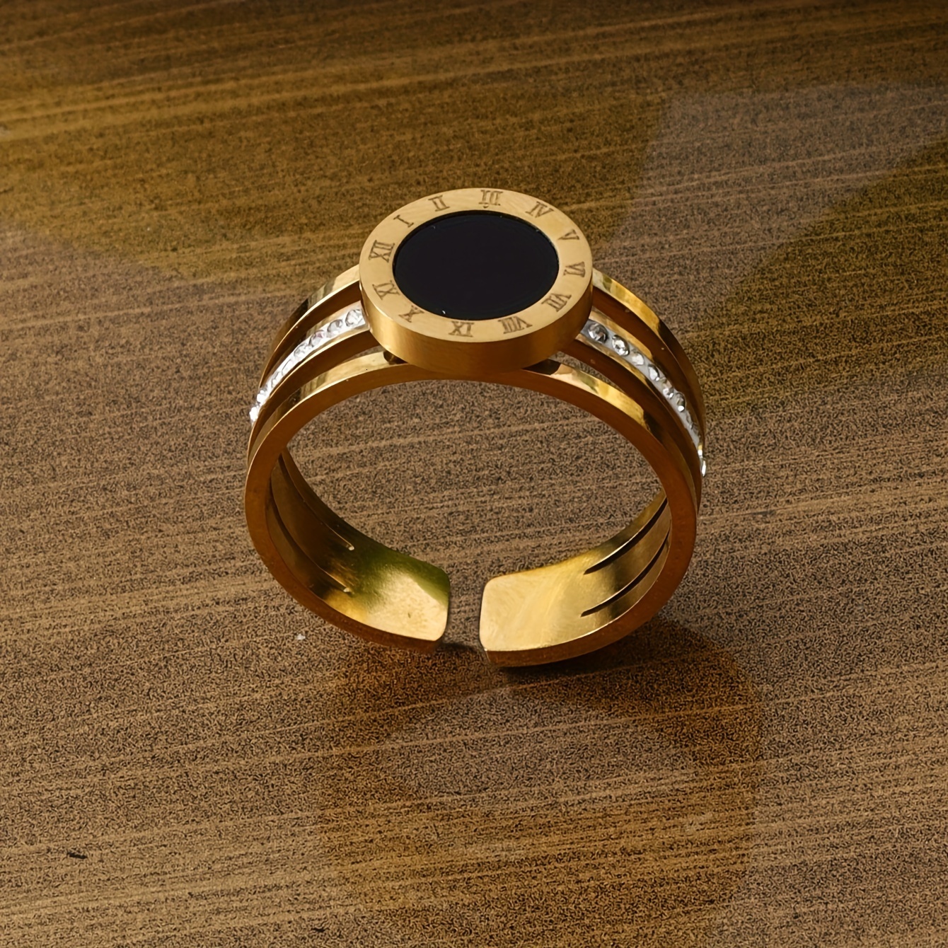 1 Piece Fashion Simple Open Geometric Stainless Steel Women's Accessories New Trend Round Roman Numeral Rhinestone Gold Ring Daily Party Prom Vac