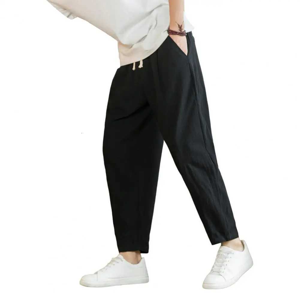 Men Cropped Trousers Men Casual Pants Mens Loose Straight Drawstring Ninth Pants with Elastic Waist Pockets Solid for Daily W250826