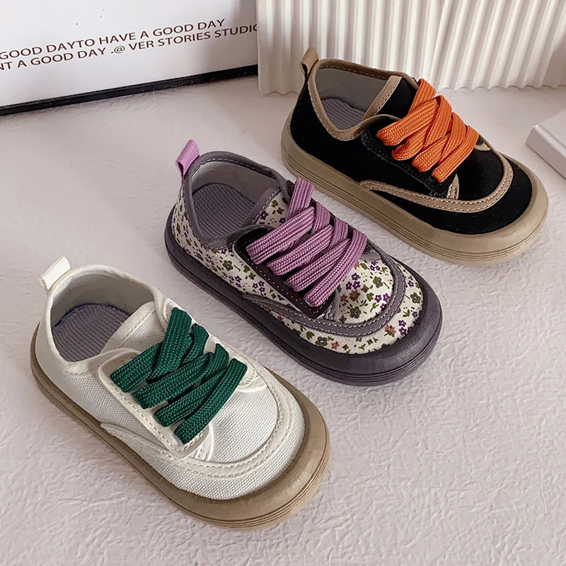 Children Fashion Versatile Soft Canvas Floral Print Casual Kids Shoes Drop Laceup Spring for Boys Flats H260130
