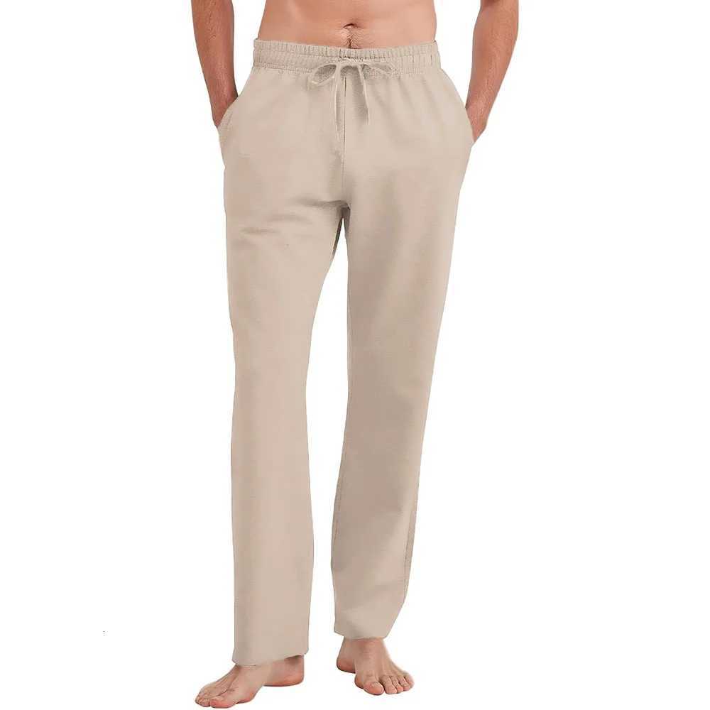 Mens Cotton Linen Straight Leg Pants Lightweight Breathable Casual Solid Color Simple Style Long Pants Elastic Waist Trousers W250826