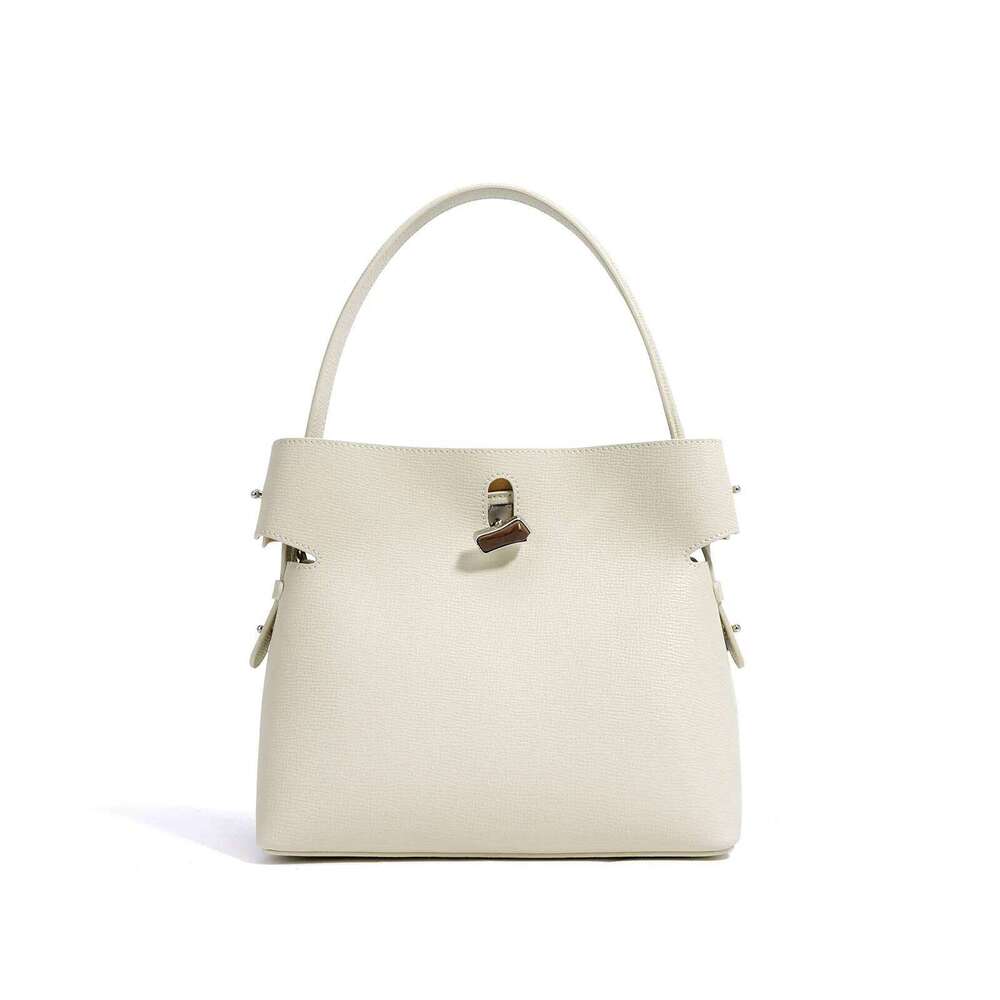 New 2025 Designer Beige Color Leisure Bucket Tote Espom Cow Leather Women Shoulder Bag Daily-Use Commuter Handbag