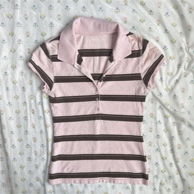 Stripes Maiden Chic Vintage Sweet Clothing Y2K Elegant Woman Tshirts Cute Slim Aesthetic Polo Tops Classic Harajuku Fashion Tee 250825