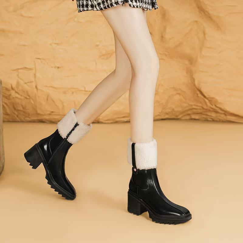 Women Betty PVC Boots Beeled Fur High heels boot Knee-high tall Rain Boot Waterproof Welly Rubber Soles Platform Outdoor Rains hoes Designer shoes 35-