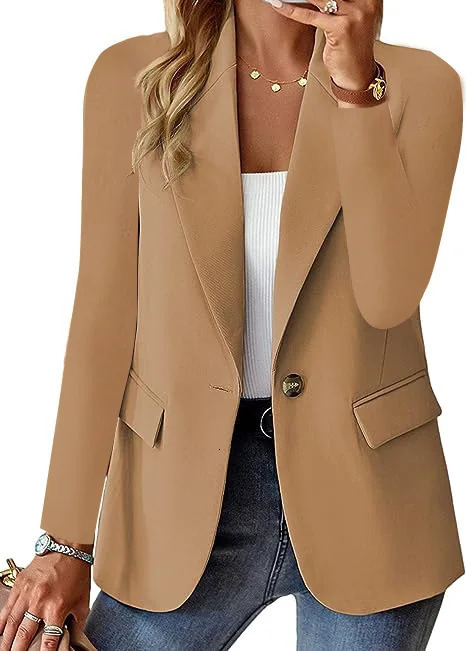 Womens blazer casual longsleeved top solid color suit collar button simple temperament plus size 250825
