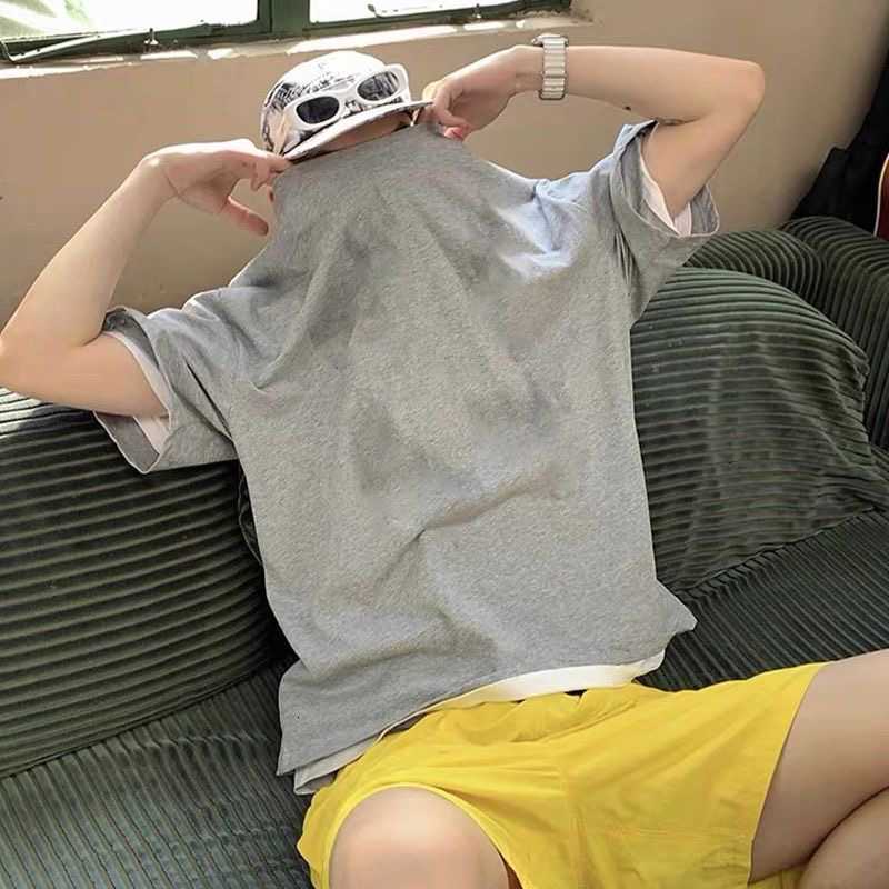 Summer new style grey pure cotton round-neck short-sleeved T-shirt for men - American-style plain-colored combed cotton loose-fit couple's half-s