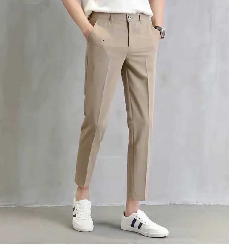 Mens elastic straight leg pants business casual cropped pants mens formal suit pants solid color W250826