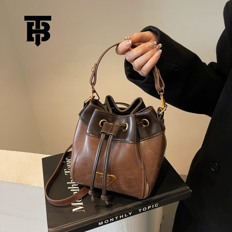 TB BHULAMTE Designer Luxury Retro Simple Women's Splicing Handheld Bucket Bag Versatile Single Shoulder Crossbody Bag Large Capacity Shopping Bag