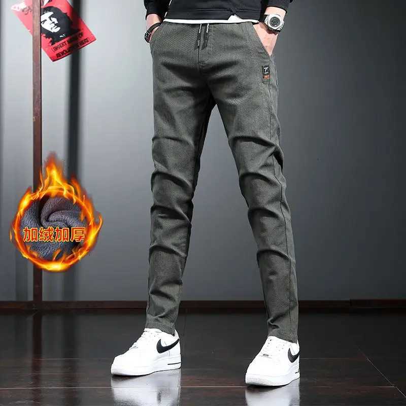 Fashion Men Fleece Lined Thickened Suit Pants Male Ankle Length Cropped Blazer Pants Baggy Slacks Army Green Trousers W250826