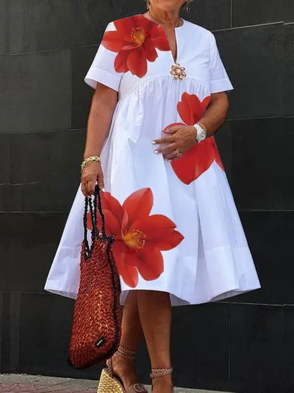 Modigirl Womens Summer Dress 2025 V-Neck Pleated Short Sleeves White Loose Flower Print Casual Midi Dresses for Woman 250825