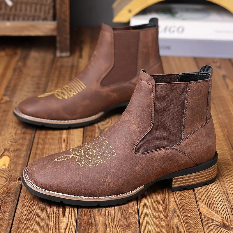Mens Chelsea Boots High Quality Casual Leather Boots Retro Ankle Boots for Men Embroidery Western Cowboy Boot Botas Masculinas 250823