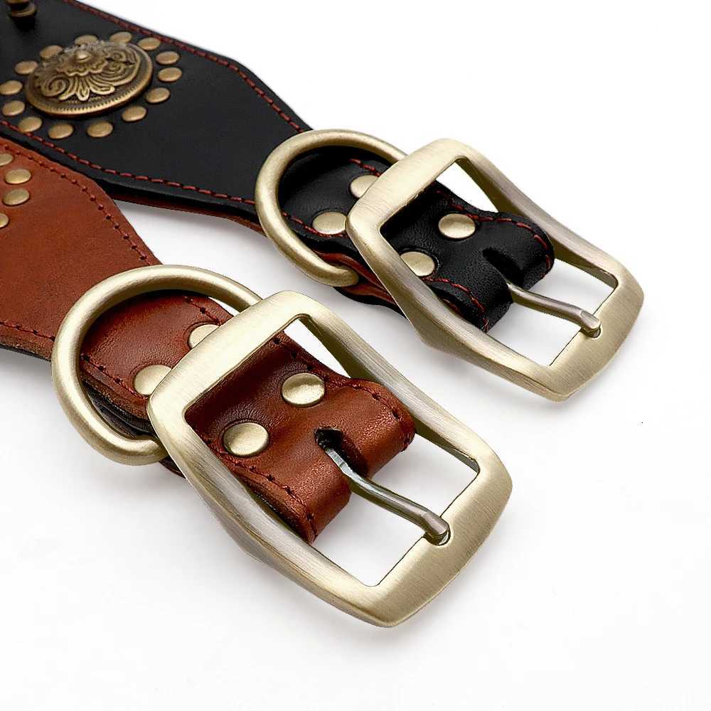 Leather Large Dog Collar Pitbull Spiked Studded Collars for Medium Large Big Dogs Genuine Leather Durable Pet Collar BrownXJ250826
