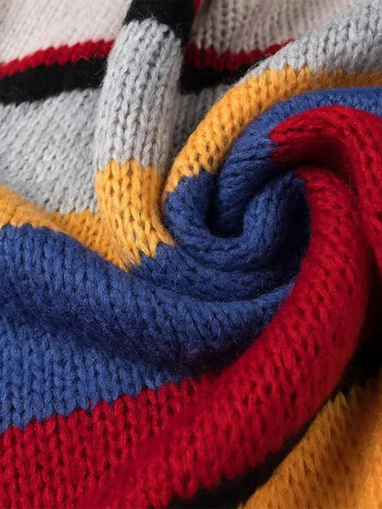 Rainbow Striped Sweater Round Neck Loose Color Contrast Casual Pullover Soft Waxy Thick Knit Sweaters Fashion Women Knitwear Top 250826