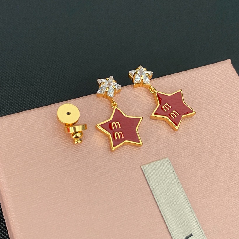 Gold Tone Red Enamel Star Drop Earrings With Crystal Accents And Letter Details Elegant For Daily Festive Occasions High - Quality Stylish Jewelry Gift For Her