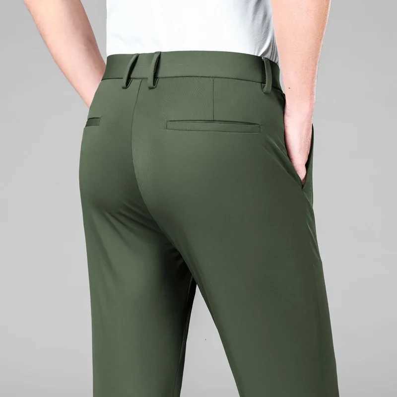 New Summer Mens Ice Silk High Stretch Business Suit Pants Male Army Green Blue Elastic Formal Office Straight Formal Trousers W250826