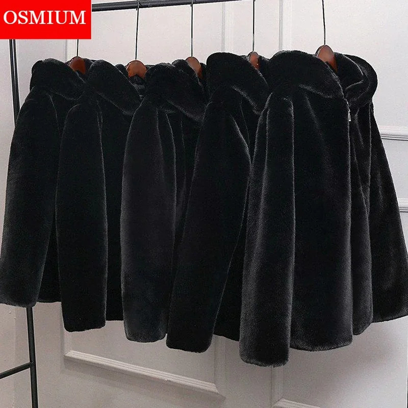 Autumn Winter Men Faux Fur Coat Black Mink Jacket Oversize Mens Plush Fluffy Hooded Windbreaker Zip Up Top Overcoat 250825