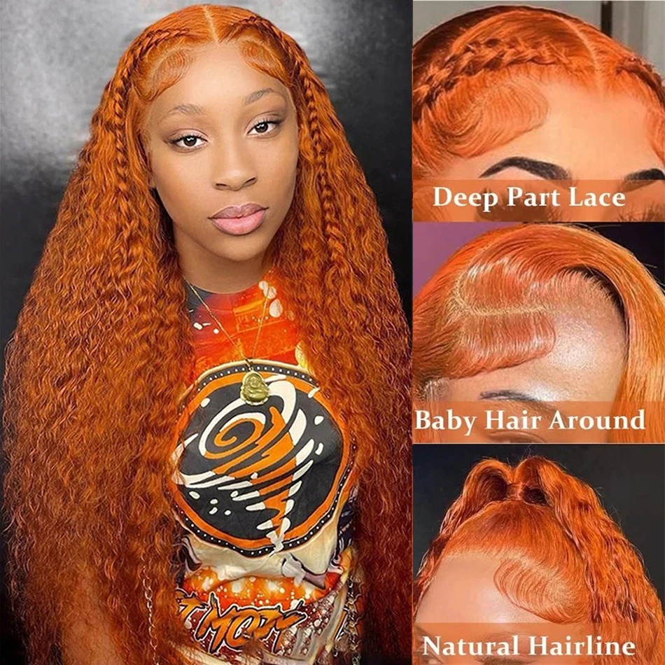 Orange Ginger Lace Front Wig Human Hair High Density 30 Inch Curly Human Hair Wig Deep Wave Gluelesss 13X4 13X6 Hd Transparent Lace Ready To Wear