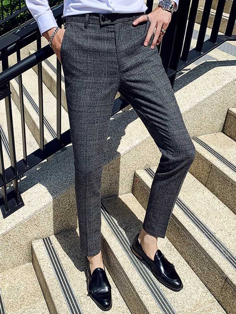 Boutique Classic Plaid and Striped Fashion Mens Casual Business Slim Suit Pants Groom Wedding Dress Trousers Party W250826