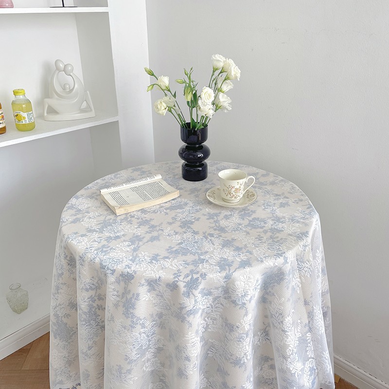 Blue floral lace tablecloth photo background cloth outdoor picnic cotton linen coffee table cloth VVRB01