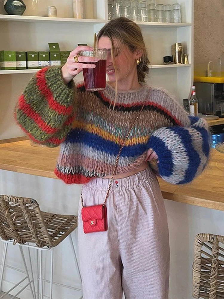 Rainbow Striped Sweater Round Neck Loose Color Contrast Casual Pullover Soft Waxy Thick Knit Sweaters Fashion Women Knitwear Top 250826