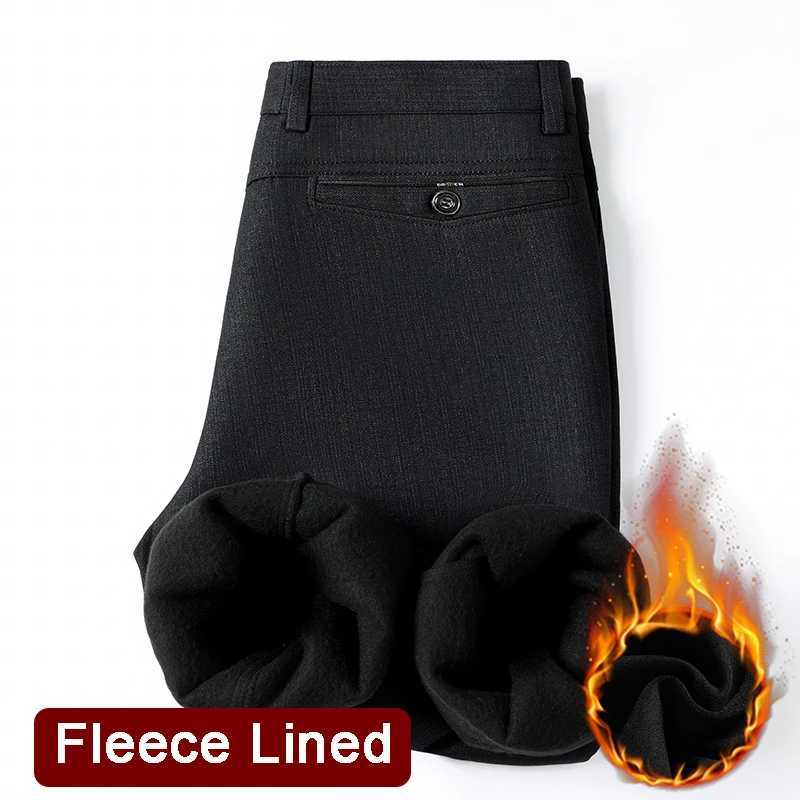 Mens Fleece Lined Suit Pants Business Casual Loose Straight Black Formal Dress Pants Navy Blue Thick Warm Trousers W250826