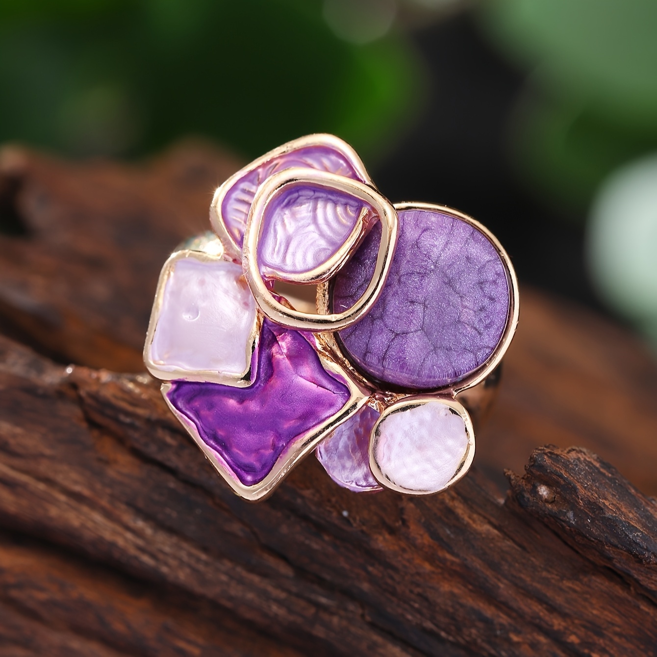 A Women's Fashion Bohemian Elegant Geometric Adjustable Elastic Ring Spring Summer New Zinc Alloy Purple Thin Coating Craft Simple Inlaid Resin S