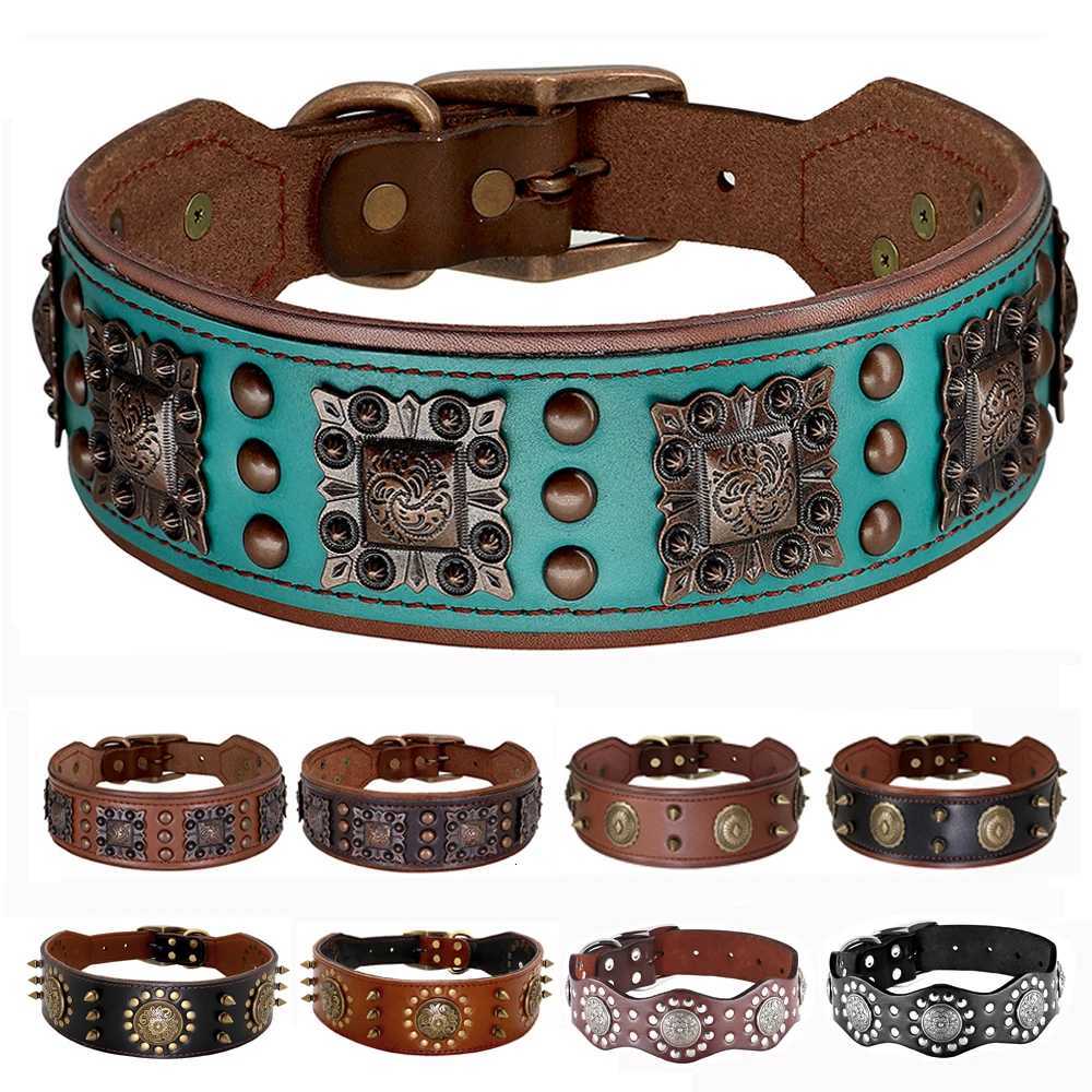Luxury Genuine Leather Dog Collar 2inch Wide Cool Spikes Durable Collars for Medium Large Dogs German Shepherd Pitbull LeashXJ250826