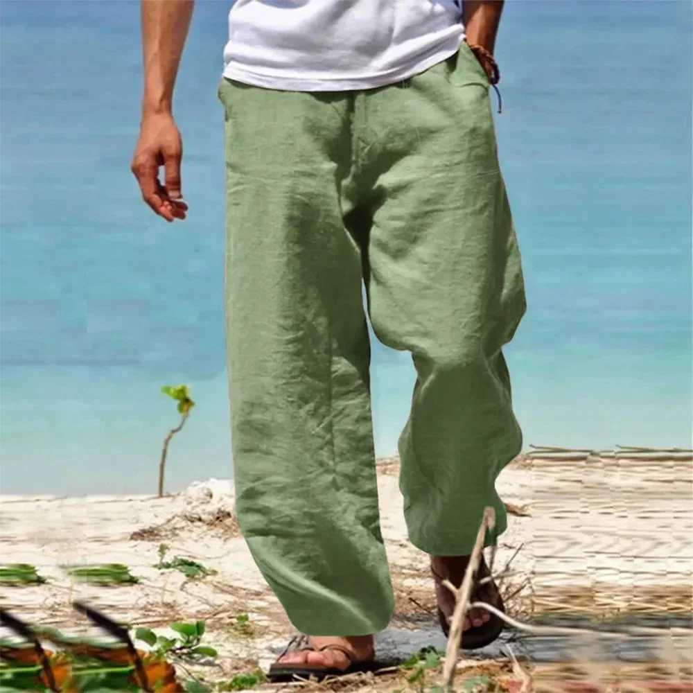 Mens Linen Cotton Pants Straight Leg Breathable Lightweight Beach Style Cozy Trousers Casual Spring Summer Pants W250826