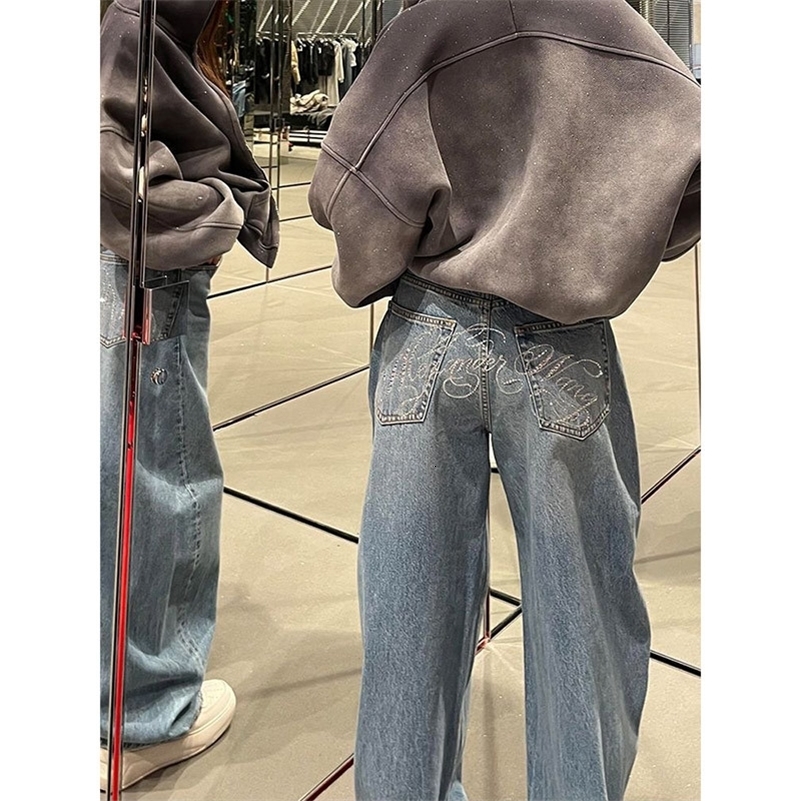 Gradient Spring 2025 Blue Women Y2K Vintage High Waisted Jeans Straight Streetwear Loose Large Wide Leg Denim Pants Z260313