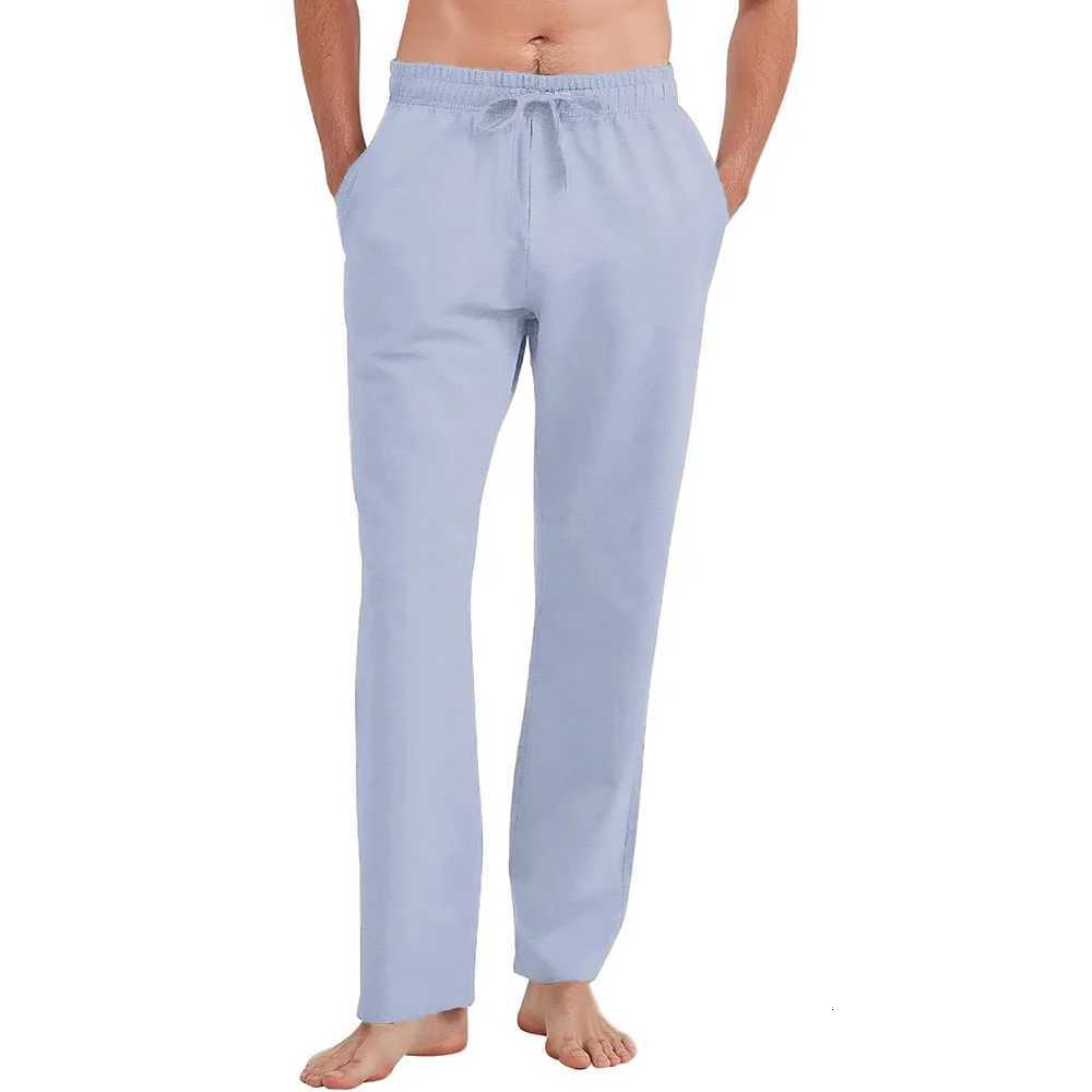 Mens Cotton Linen Straight Leg Pants Lightweight Breathable Casual Solid Color Simple Style Long Pants Elastic Waist Trousers W250826