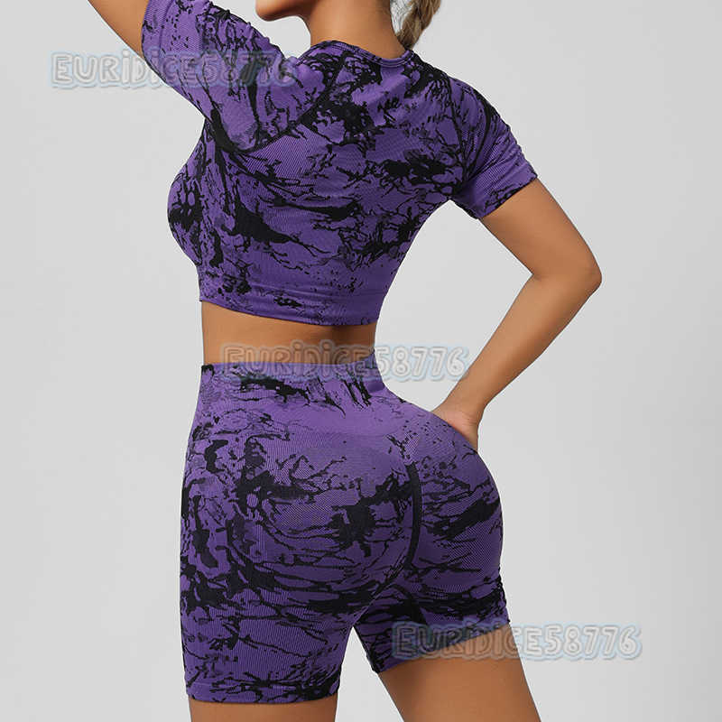 Jacquard Short Sleeve Yoga Top for Women High Waist Tummy Control Quickdry Peach Hip Yoga Shorts Set Tiedye H250825