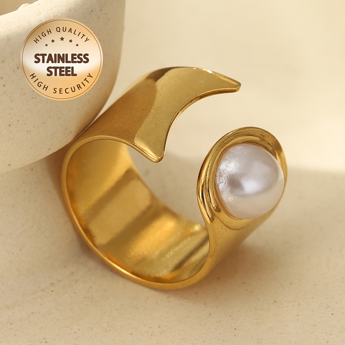 1 Piece Simple Open 304 Stainless Steel Ring, Women, Plated, Decorated with Imitation Pearls Suitable for Daily Wear, Parties, Graduations, Music Fest
