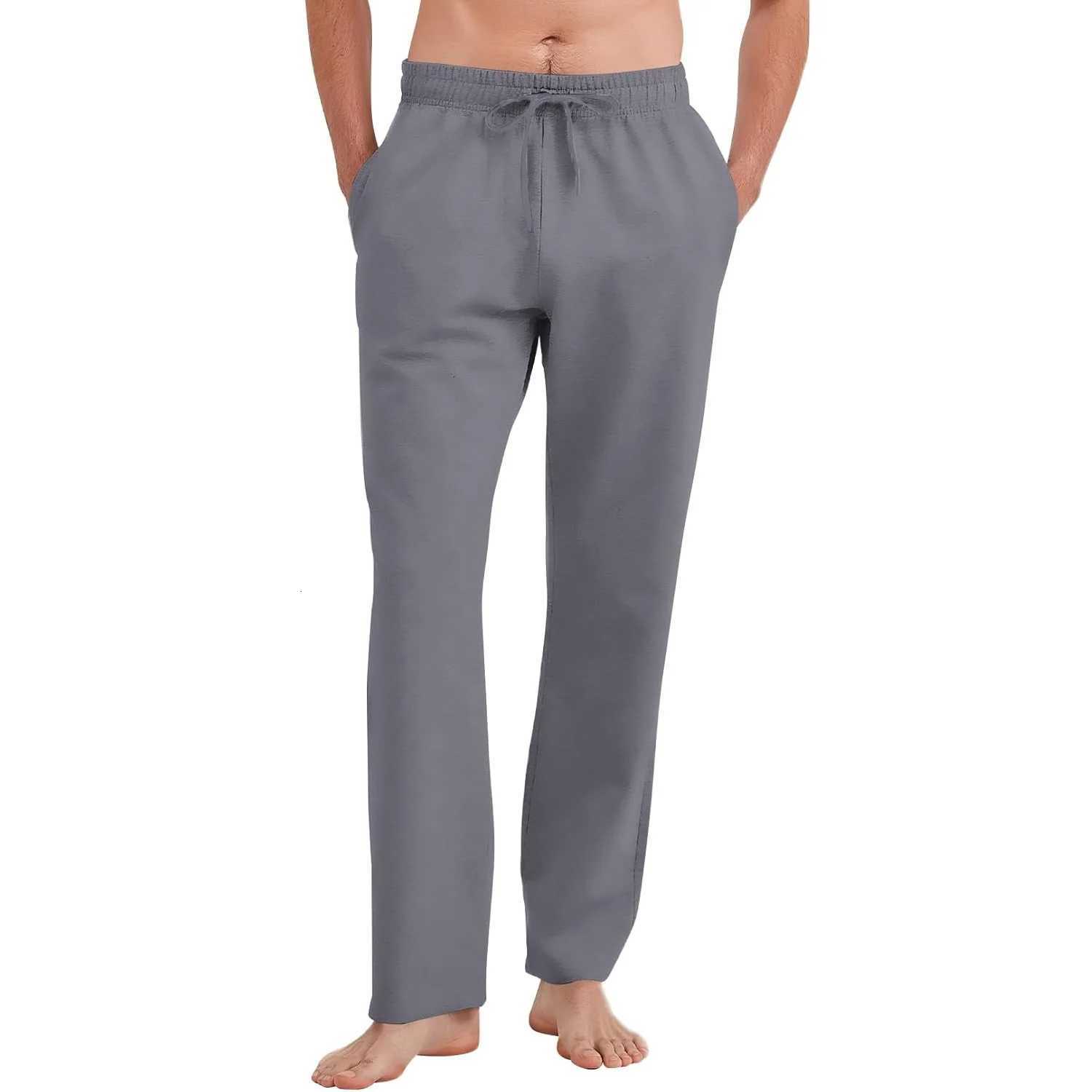 Mens Cotton Linen Straight Leg Pants Lightweight Breathable Casual Solid Color Simple Style Long Pants Elastic Waist Trousers W250826