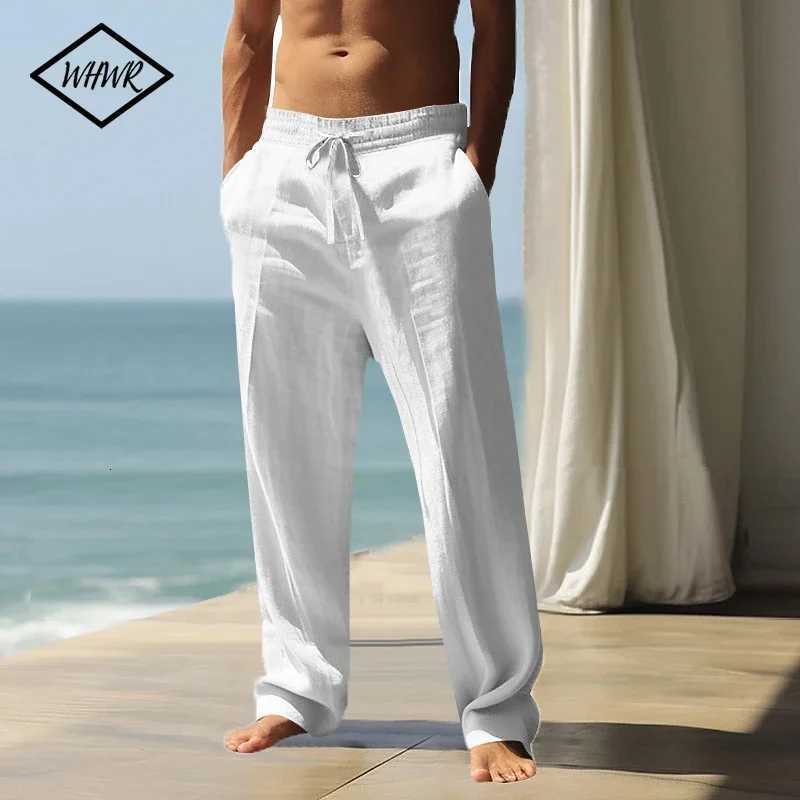 Mens Cotton Linen Long Pants Summer Solid Color Male Casual Elastic Waist Casual Pants Harajuku Trousers Breathable Linen Trousers W250826