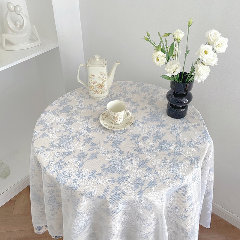 Blue floral lace tablecloth photo background cloth outdoor picnic cotton linen coffee table cloth VVRB01
